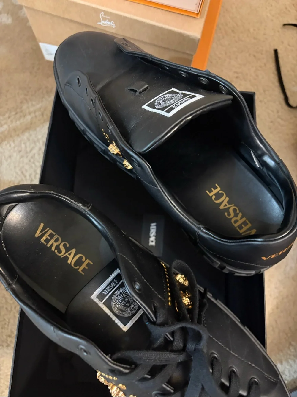 Versace Black and Gold Leather Low-Top Sneakers